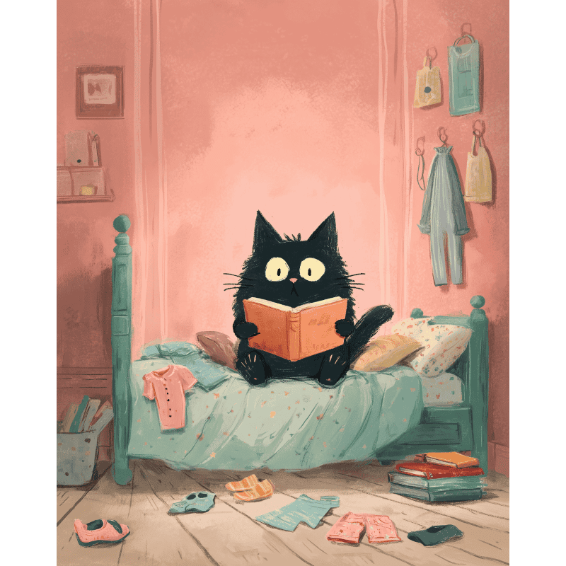 De zwarte kat in de slaapkamer