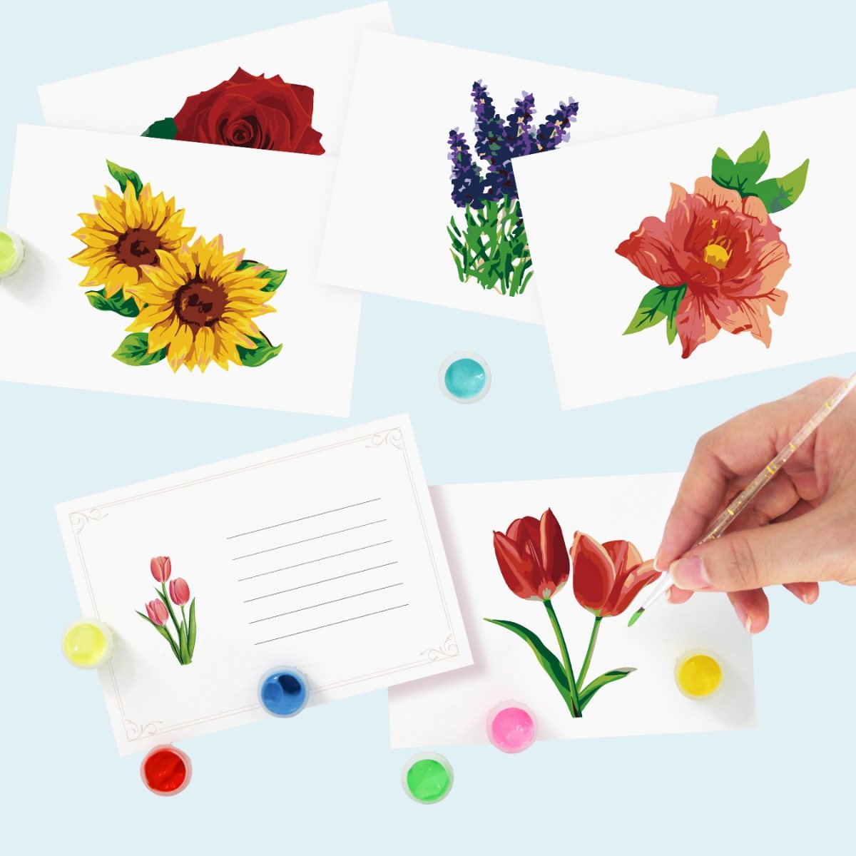 5 Schilderen op Nummer Ansichtkaarten - Bloemen set