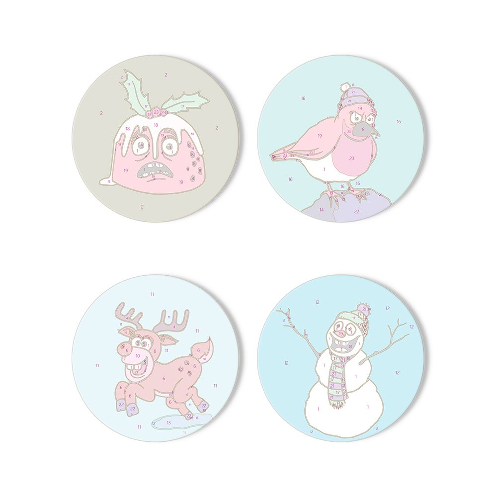4 Schilder op Nummer Onderzetters - Gekke kerst set