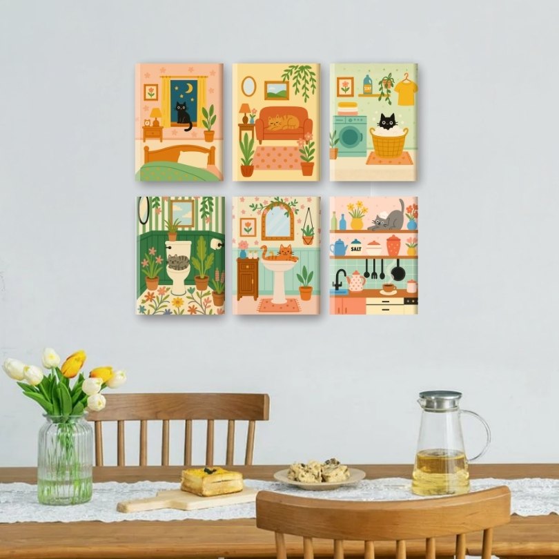 6 Mini Paintings | Schattige Katten Set