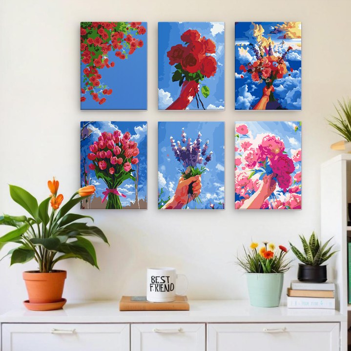 6 Mini Paintings | Boeketten in de lucht set Mockup