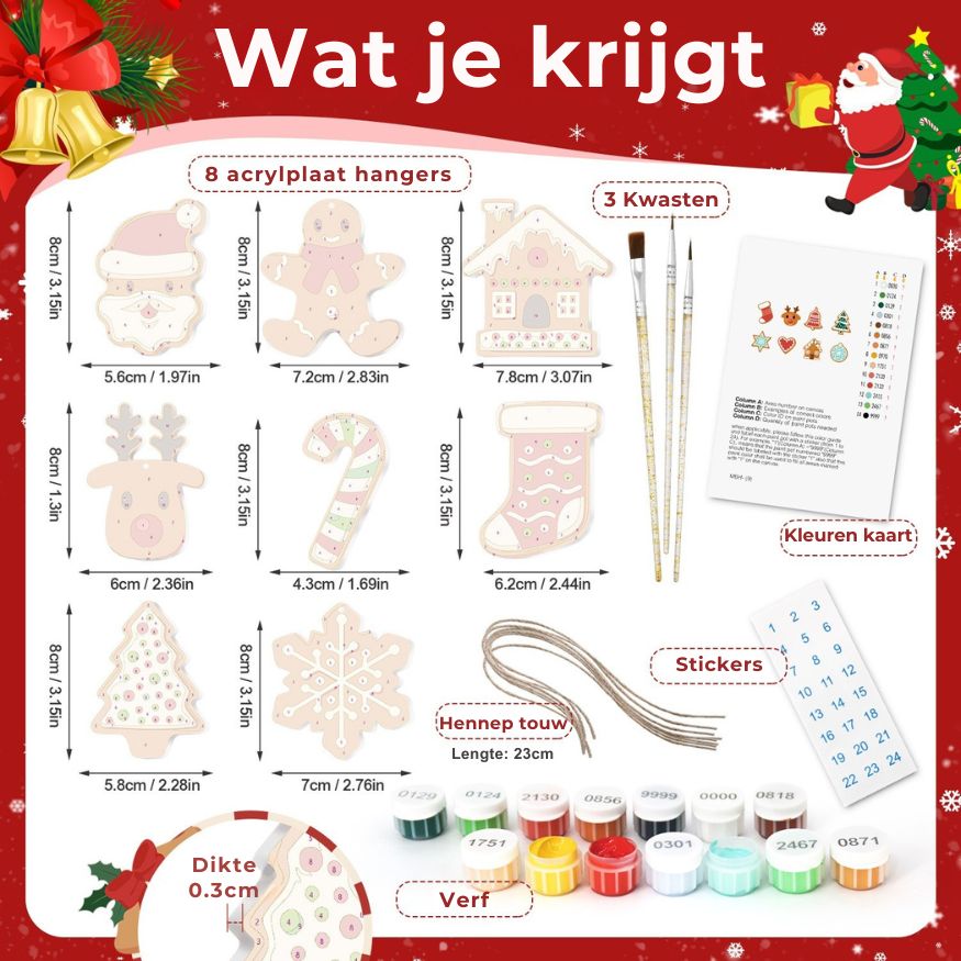 8 Schilder op Nummer Kersthangers Pakket inhoud