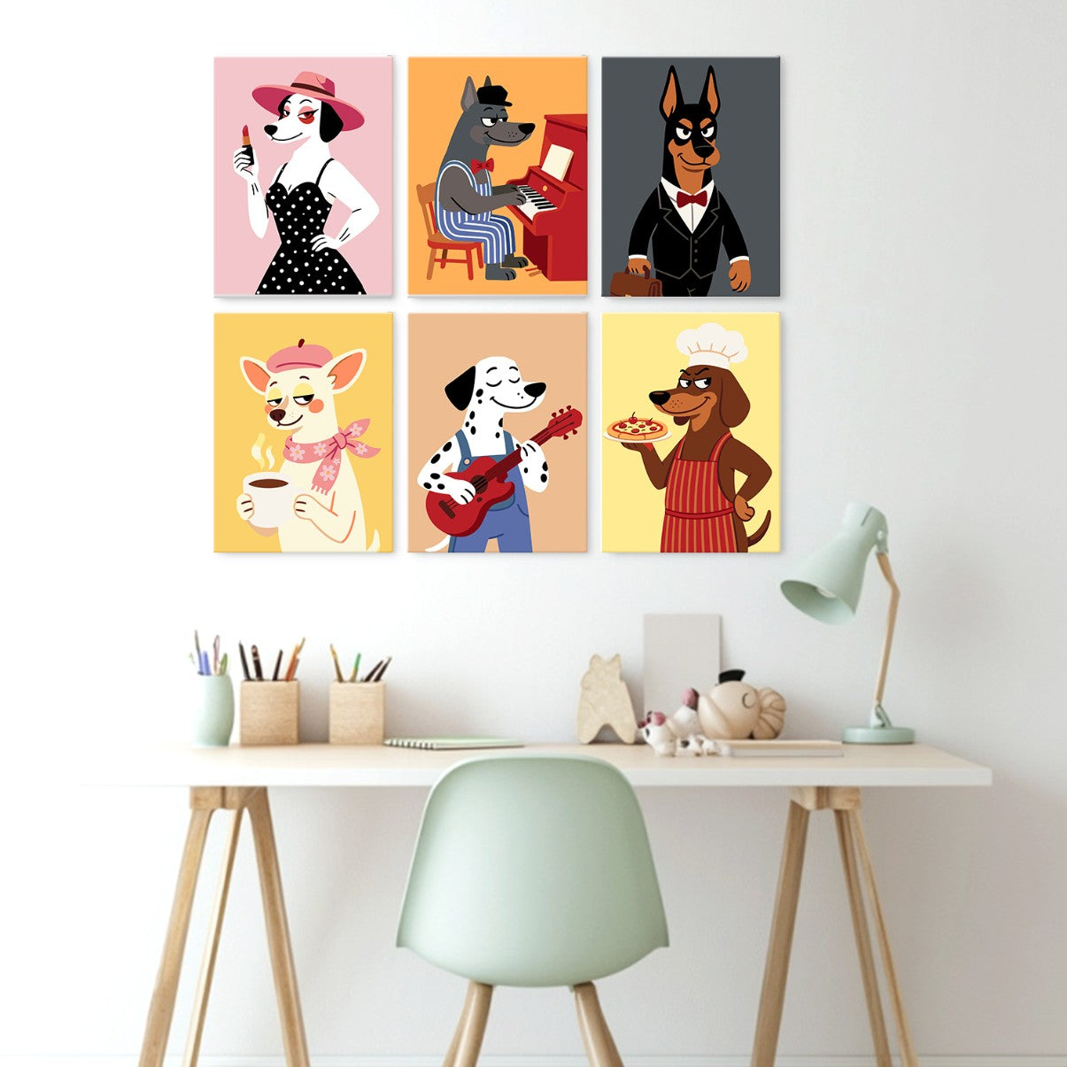 6 Houten Plaat Mini Paintings – Deftige Honden Set