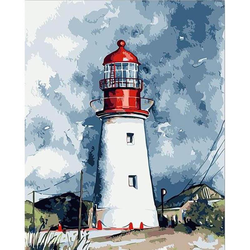 DIY Schilderen op nummer voor volwassenen Verf op nummer Kits, Vuurtoren, Gebouw, Kust, Zee, Horizon, Water-40 * 50 cm met houten frame