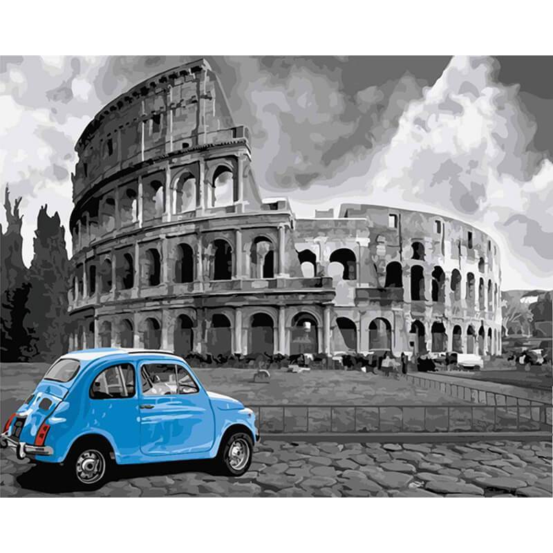 Blauwe auto voor Colosseum | Schilderen op nummer Schilderen op nummer eigen foto, Schilderen op nummer volwassenen, paint by numbers, verven op nummer, paard, kinderen