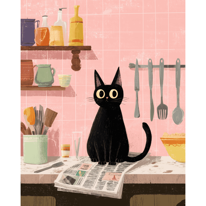 De zwarte kat in de keuken