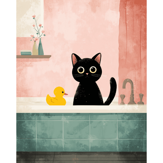 De zwarte kat in de badkamer