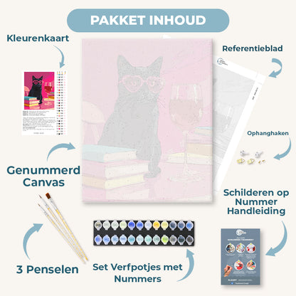 Zwarte kat aan de roze tafel