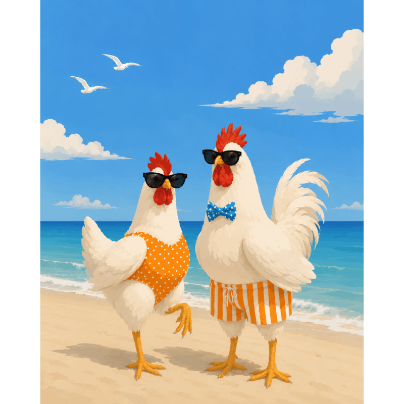 Kippen op het strand