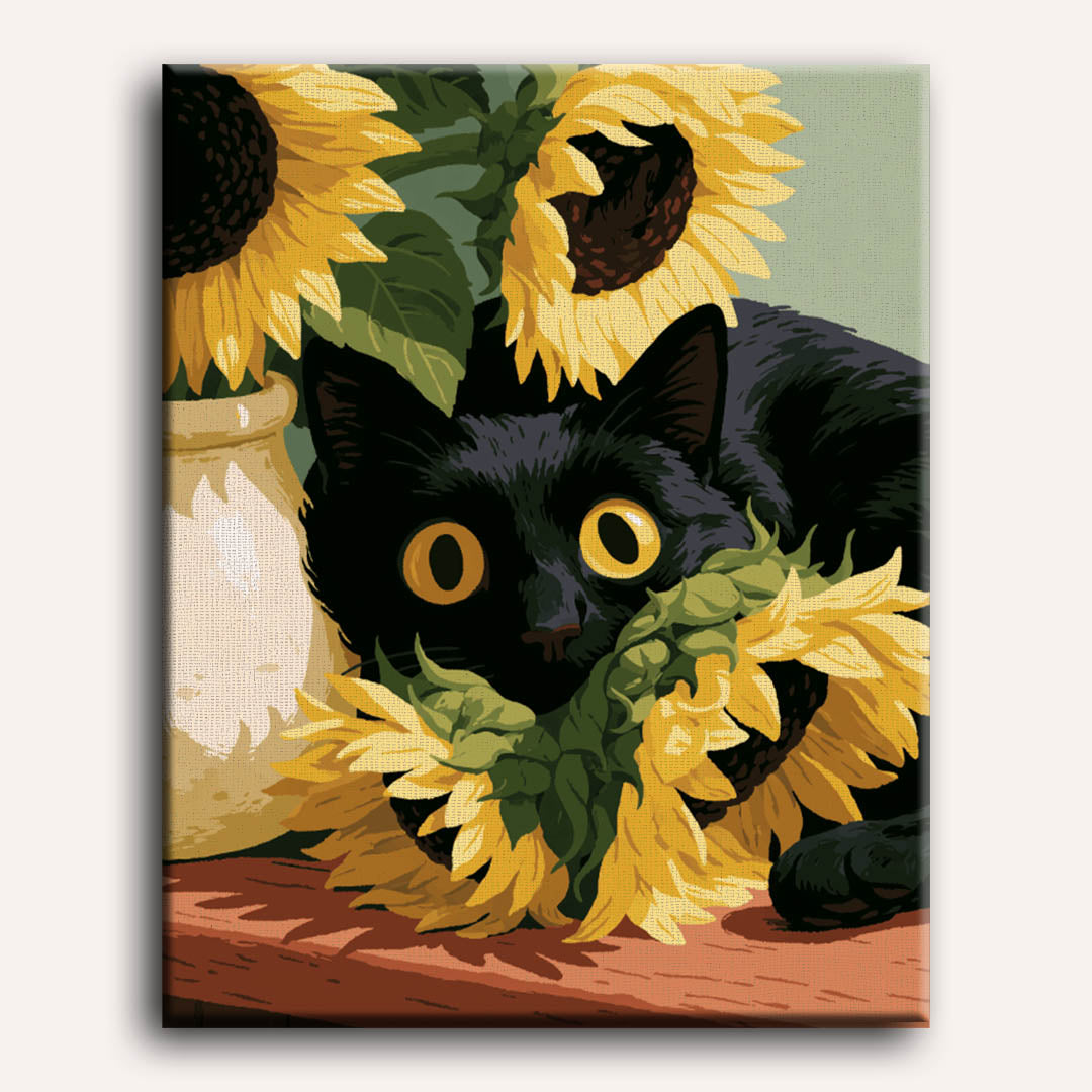 Zwarte kat & zonnebloemen