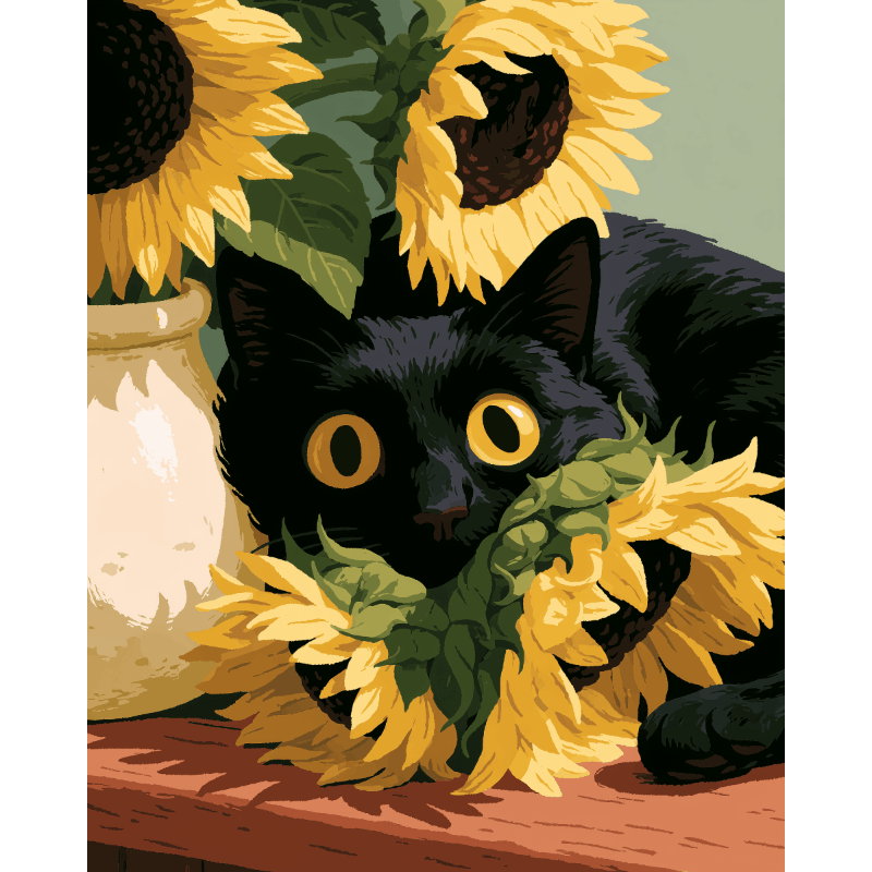 Zwarte kat & zonnebloemen