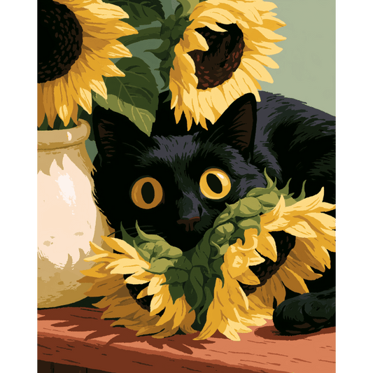 Zwarte kat & zonnebloemen