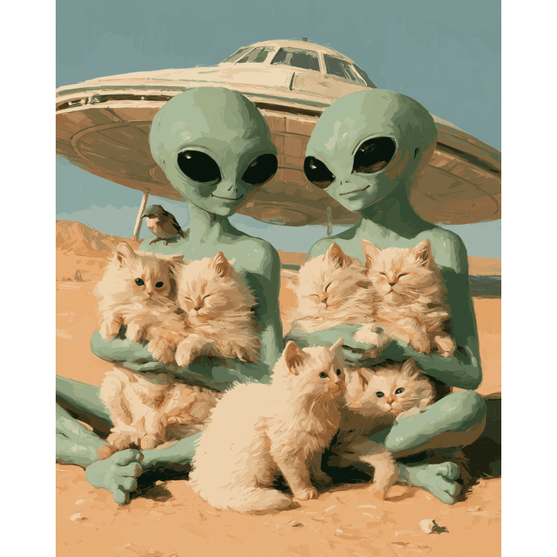 Aliens en kittens - Schilder Op Nummers