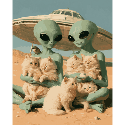 Aliens en kittens - Schilder Op Nummers