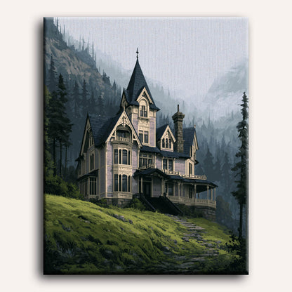Mistig berglandhuis