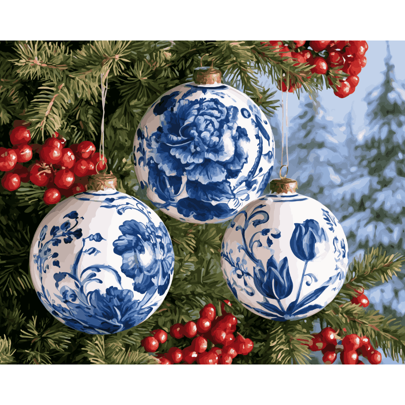 Delfts kerstballen in pijnboom - Schilder Op Nummers