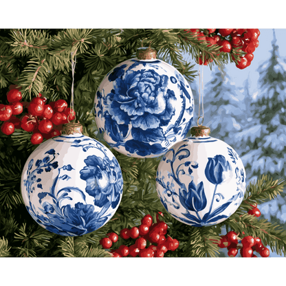 Delfts kerstballen in pijnboom - Schilder Op Nummers