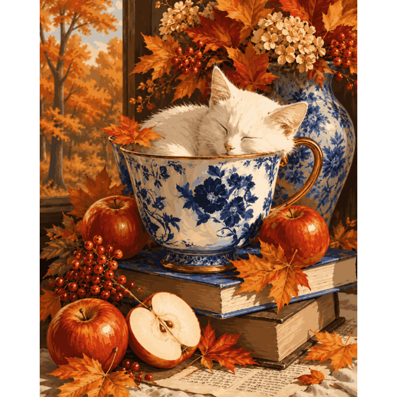 Herfst theekopje kat - Schilder Op Nummers