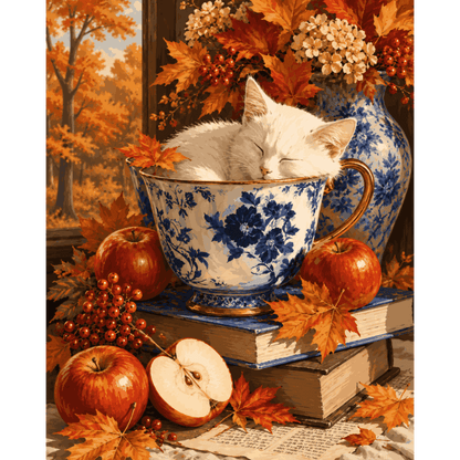 Herfst theekopje kat - Schilder Op Nummers