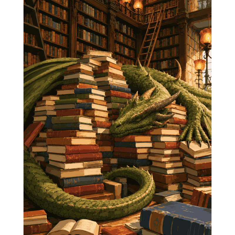 Draak tussen de boeken - Schilder Op Nummers