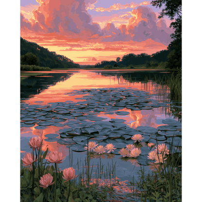 Zonsondergang lelienvijver - Schilder Op Nummers
