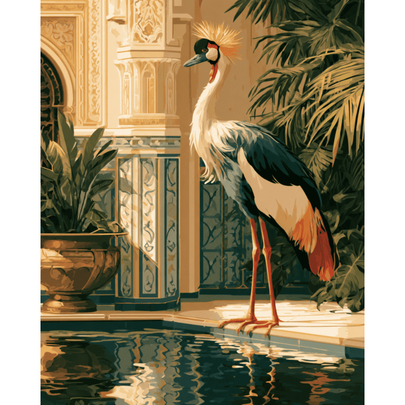 Kroonkraanvogel bij het zwembad