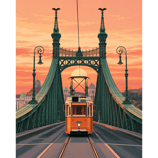 Tram bij zonsondergang