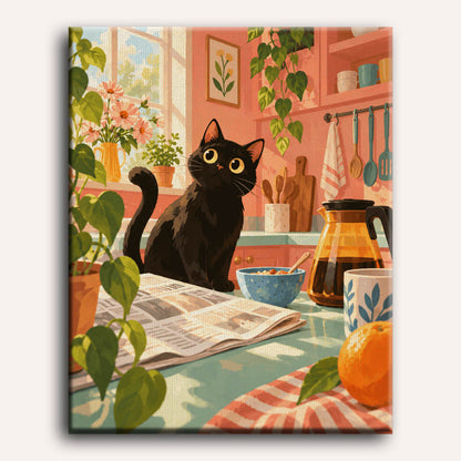 Zwarte kat in de keuken