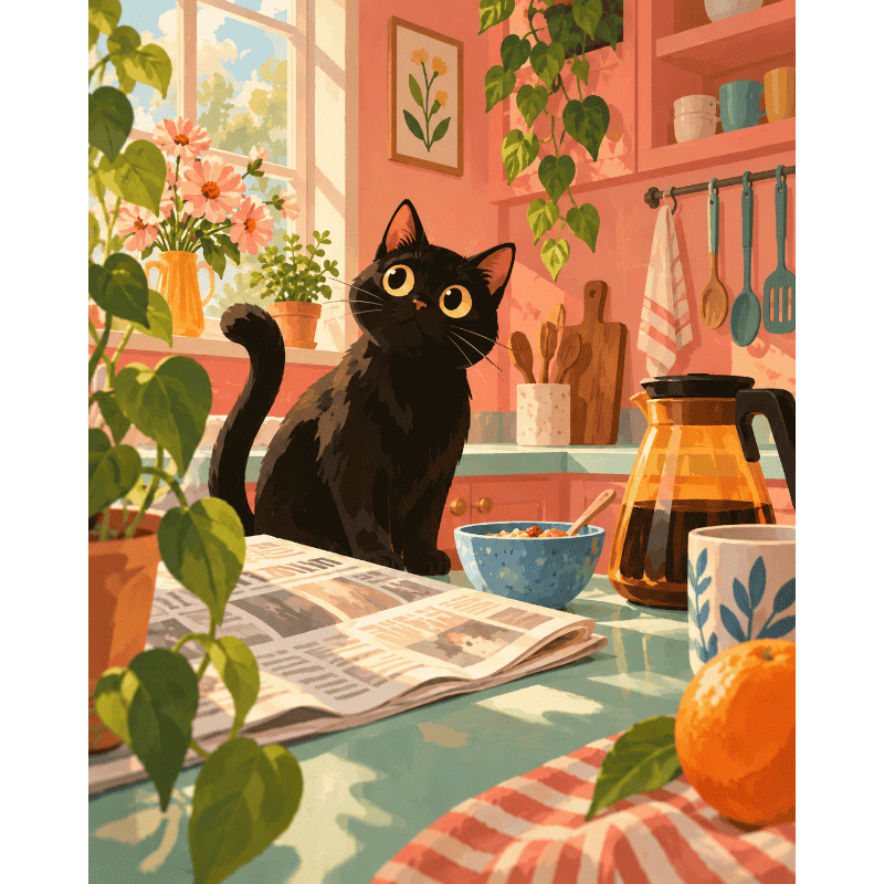 Zwarte kat in de keuken