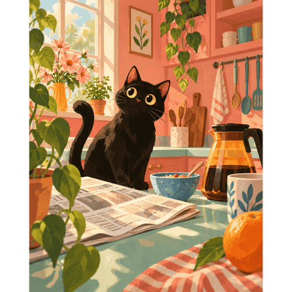 Zwarte kat in de keuken