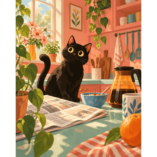 Zwarte kat in de keuken
