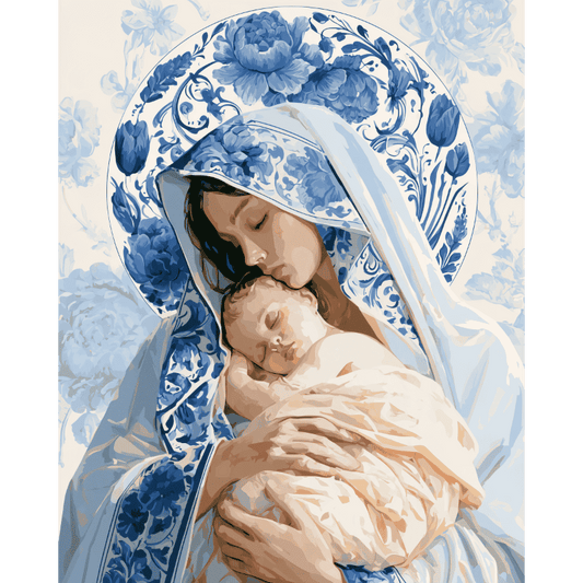 Madonna tussen blauwe pioenen