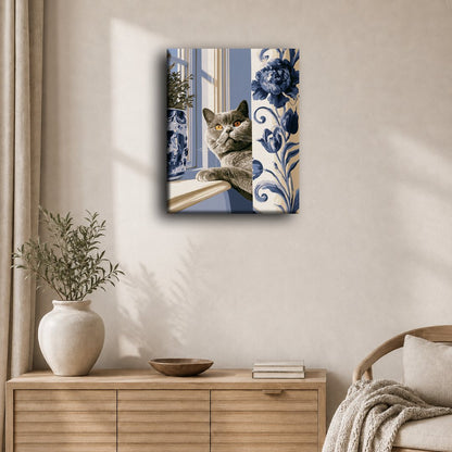 Kat tussen blauw porselein