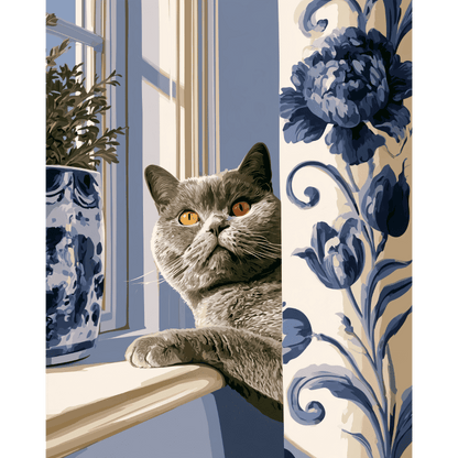 Kat tussen blauw porselein