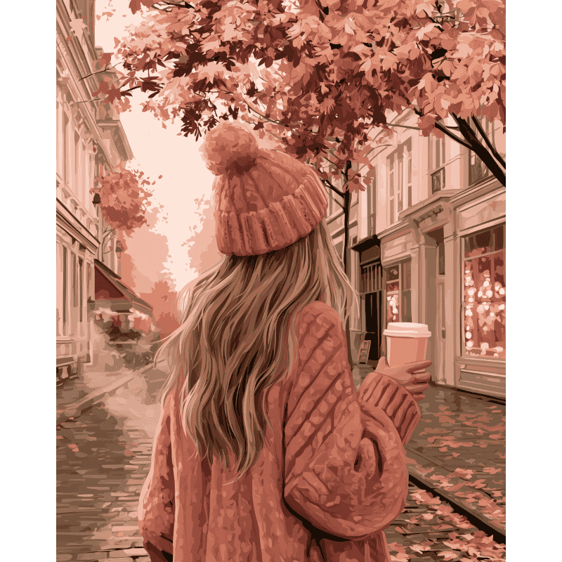 Roze jas in de herfststraat