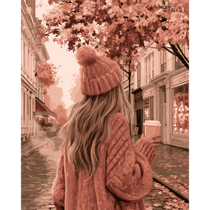Roze jas in de herfststraat
