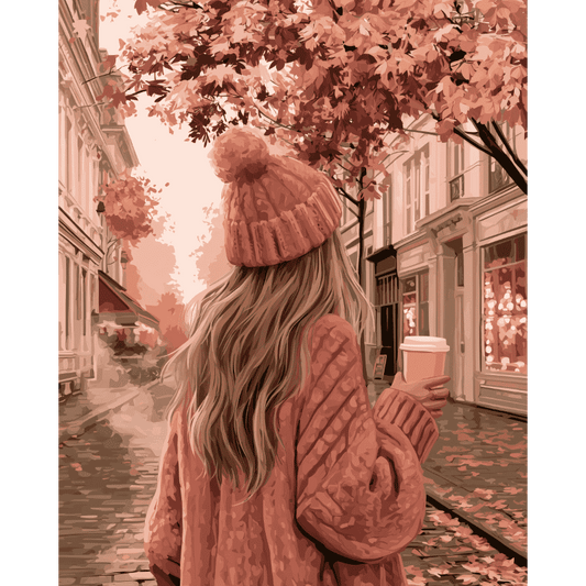Roze jas in de herfststraat