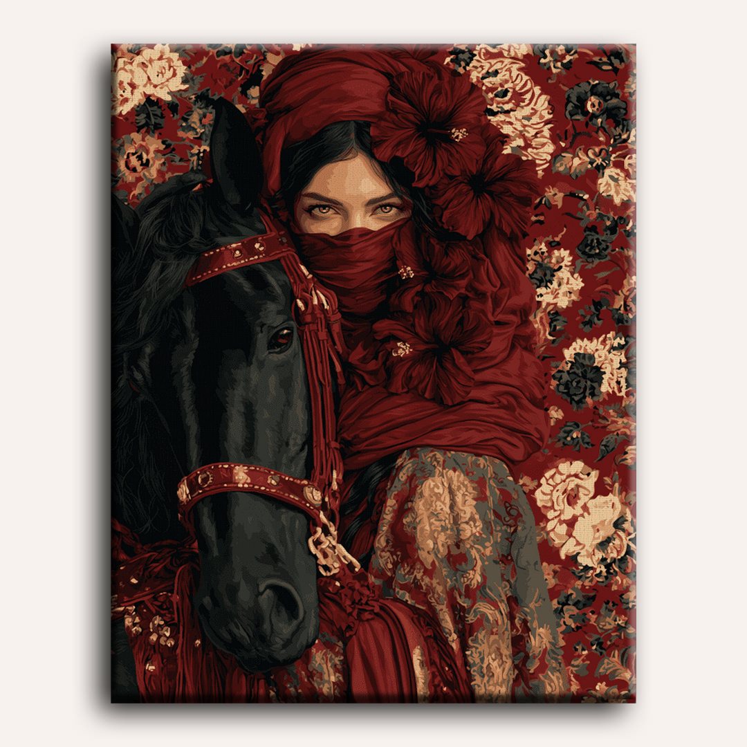 Karmozijnrode sluier & zwart paard