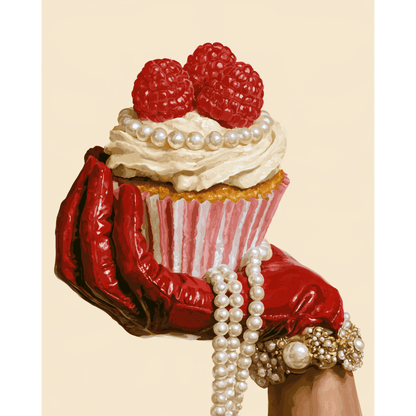 Frambozencupcake in rode handschoenen