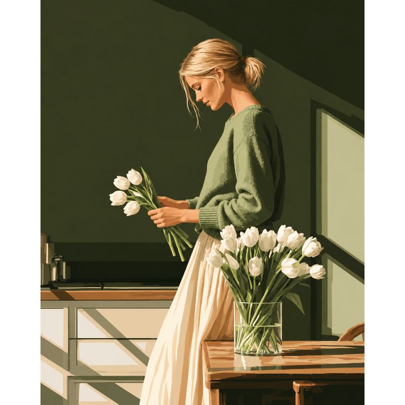Witte tulpen, olijfgroene muur
