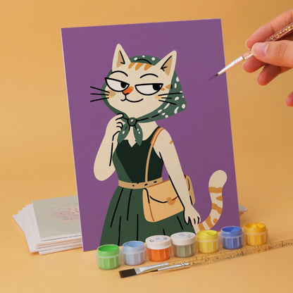 6 Houten Plaat Mini Paintings – Modieuze Katten Set