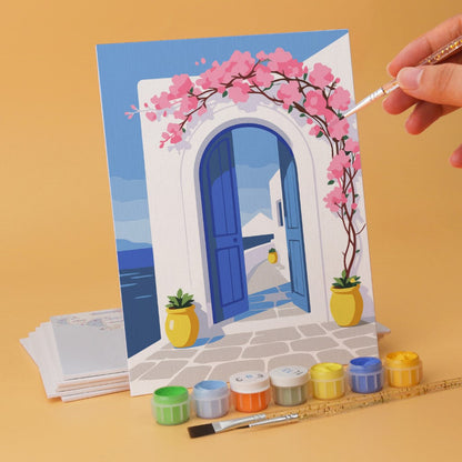 6 Houten Plaat Mini Paintings – Santorini Droom Set