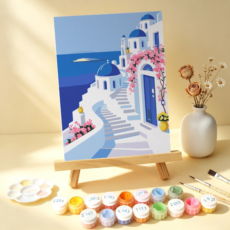 6 Houten Plaat Mini Paintings – Santorini Droom Set