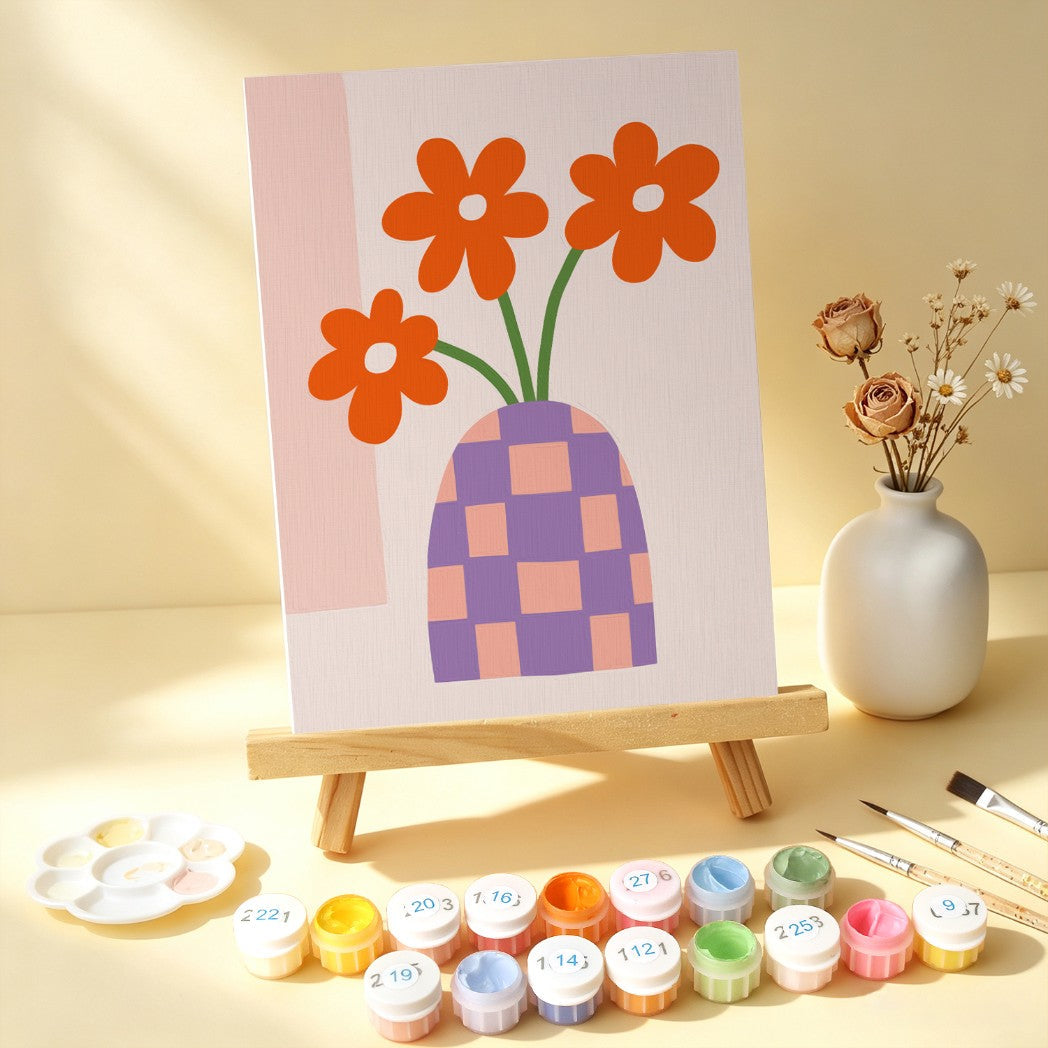 6 Houten Plaat Mini Paintings – Vaas vol Bloemen Set