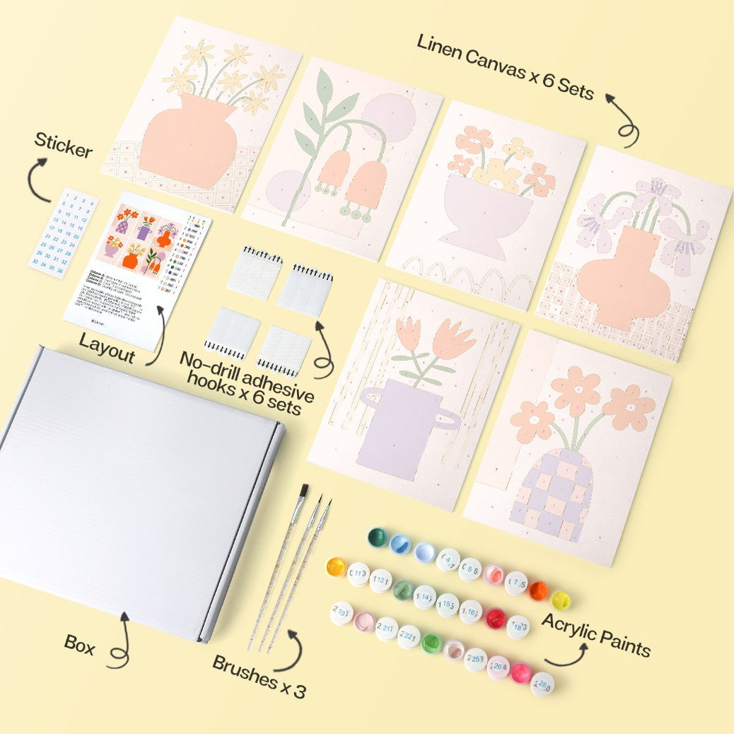 6 Houten Plaat Mini Paintings – Vaas vol Bloemen Set