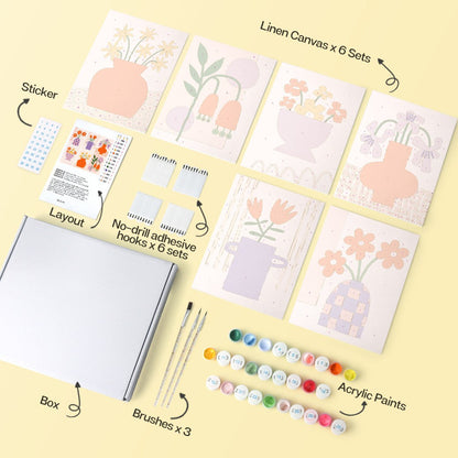 6 Houten Plaat Mini Paintings – Vaas vol Bloemen Set