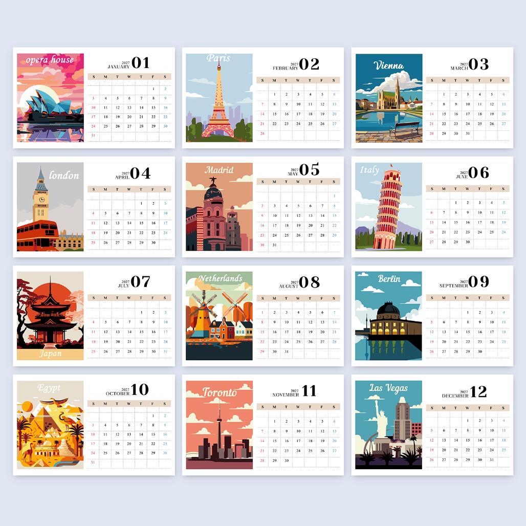 2027 Schilderen op Nummer kalender | Beroemde monumenten editie