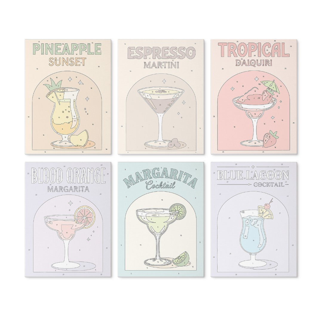 6 Houten Plaat Mini Paintings – Kleurrijke Cocktails Set