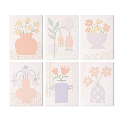 6 Houten Plaat Mini Paintings – Vaas vol Bloemen Set