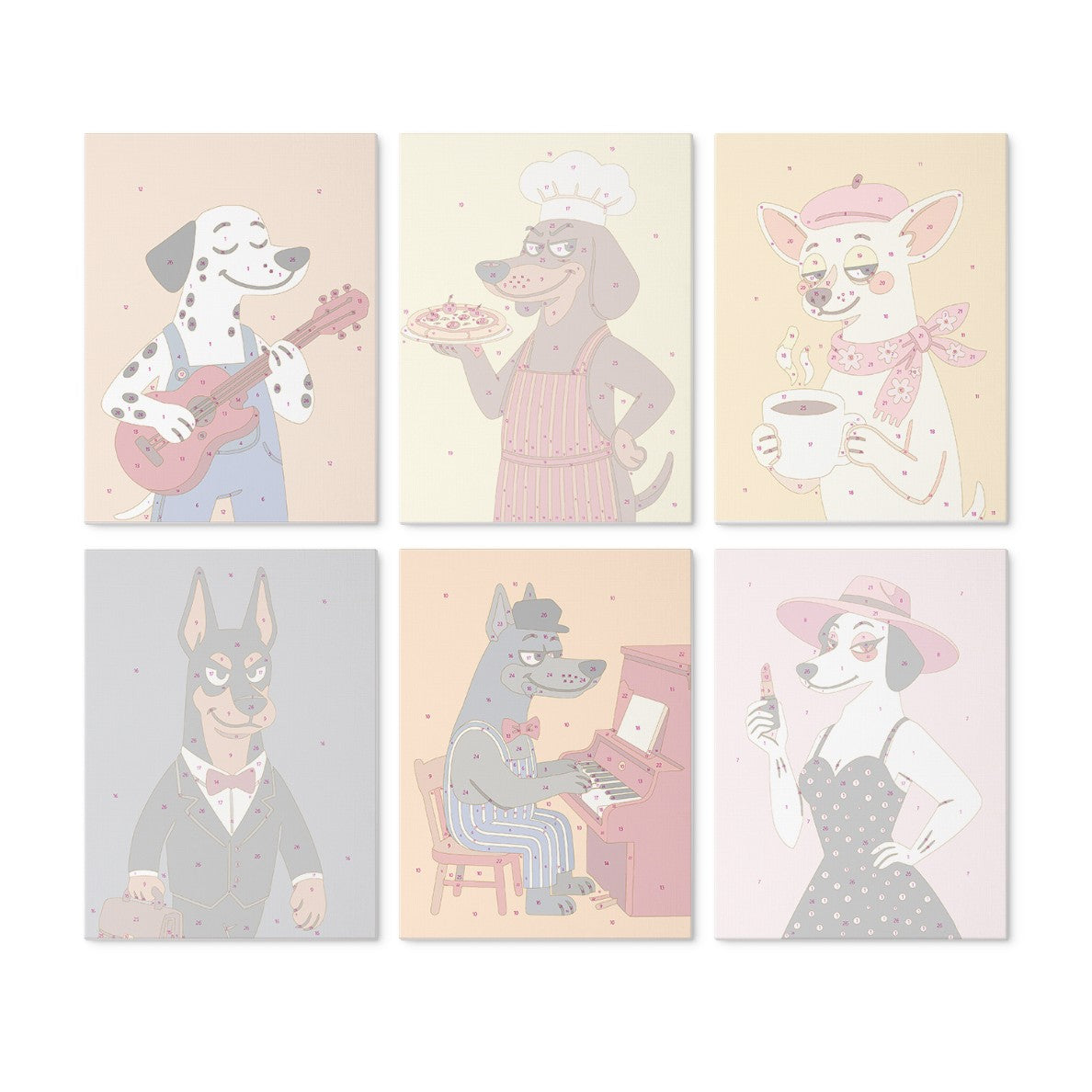 6 Houten Plaat Mini Paintings – Deftige Honden Set